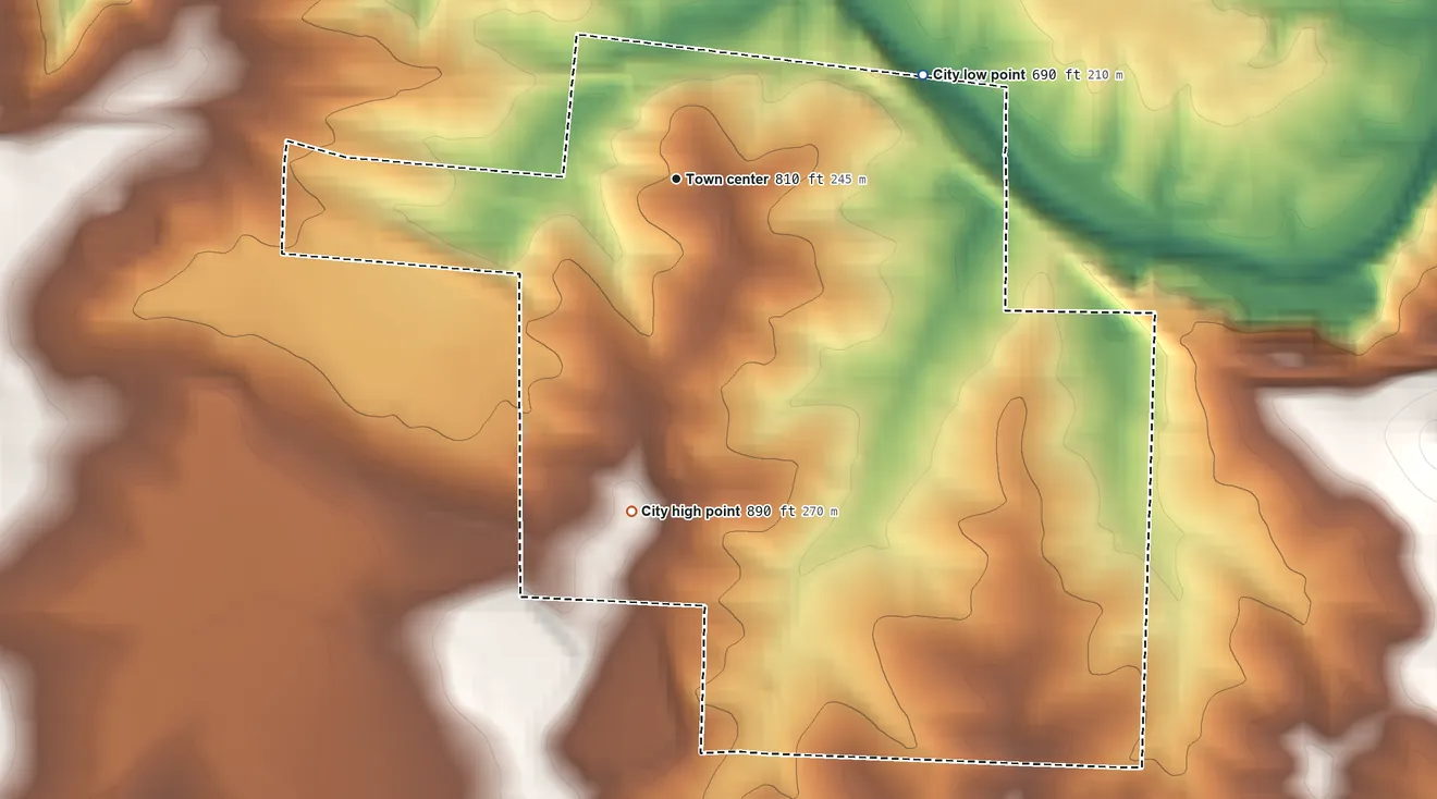 Topographic elevation map of Leadwood, Missouri, shaded from 690 ft on the northeast side to 890 ft on the south side