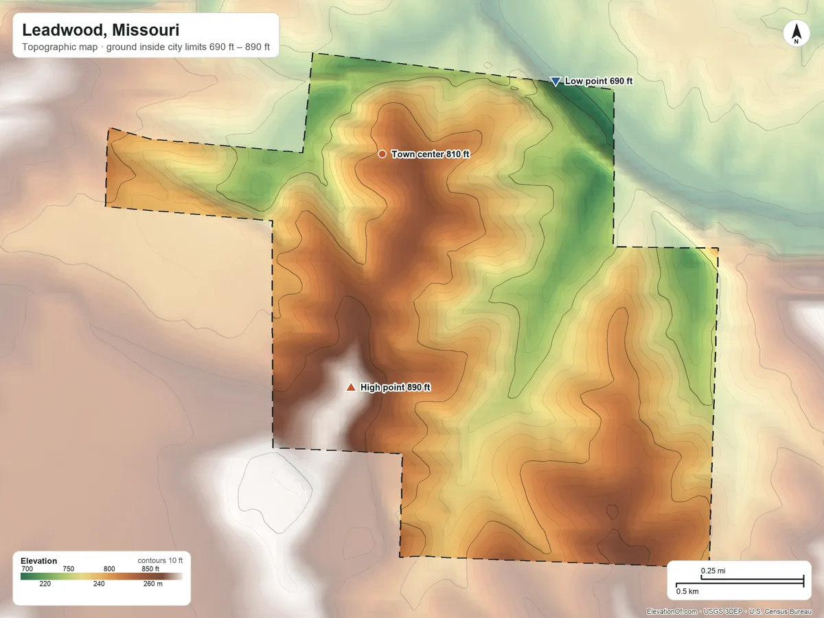 Topographic elevation map of Leadwood, Missouri, shaded from 690 ft on the northeast side to 890 ft on the south side