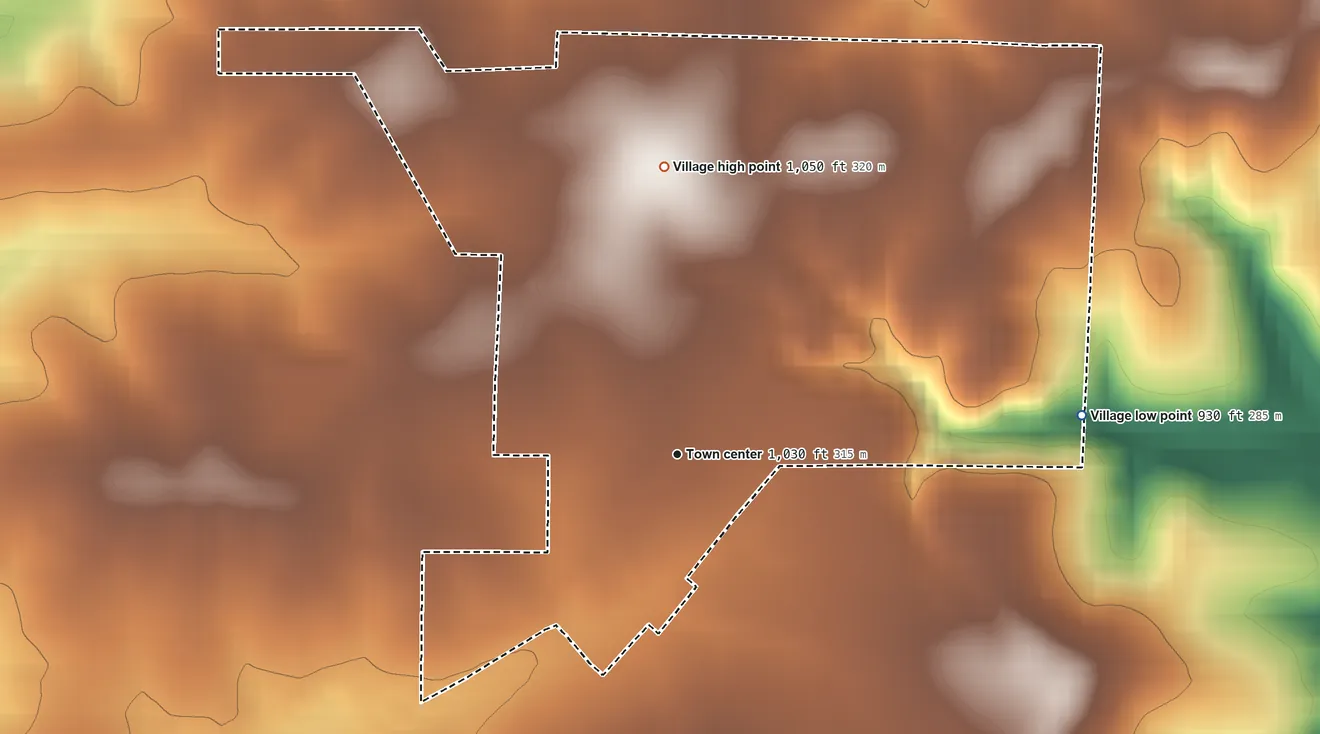 Topographic elevation map of Leasburg, Missouri, shaded from 930 ft on the east side to 1,050 ft on the north side
