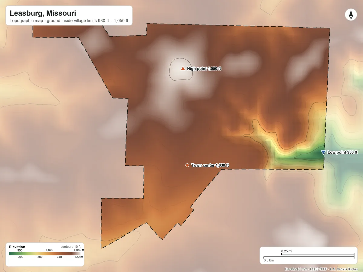 Topographic elevation map of Leasburg, Missouri, shaded from 930 ft on the east side to 1,050 ft on the north side