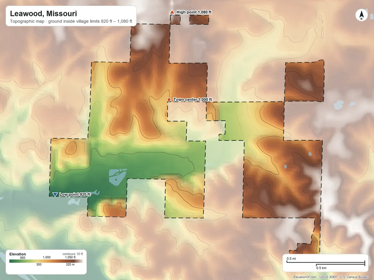 Topographic elevation map of Leawood, Missouri, shaded from 920 ft on the southwest side to 1,080 ft on the north side