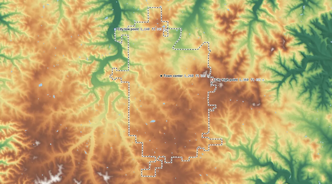 Topographic elevation map of Lebanon, Missouri, shaded from 1,140 ft on the northwest side to 1,360 ft on the east side
