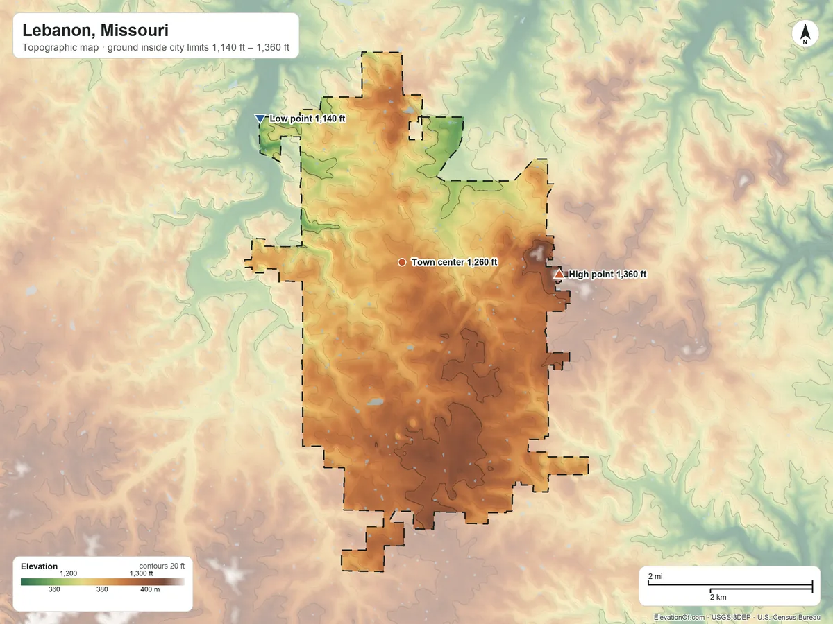 Topographic elevation map of Lebanon, Missouri, shaded from 1,140 ft on the northwest side to 1,360 ft on the east side