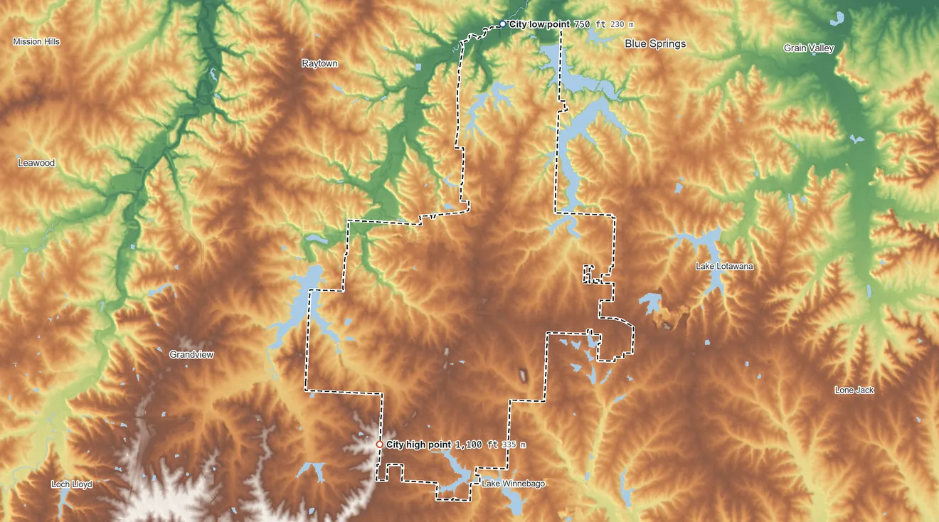 Topographic elevation map of Lee's Summit, Missouri, shaded from 750 ft on the north side to 1,100 ft on the southwest side