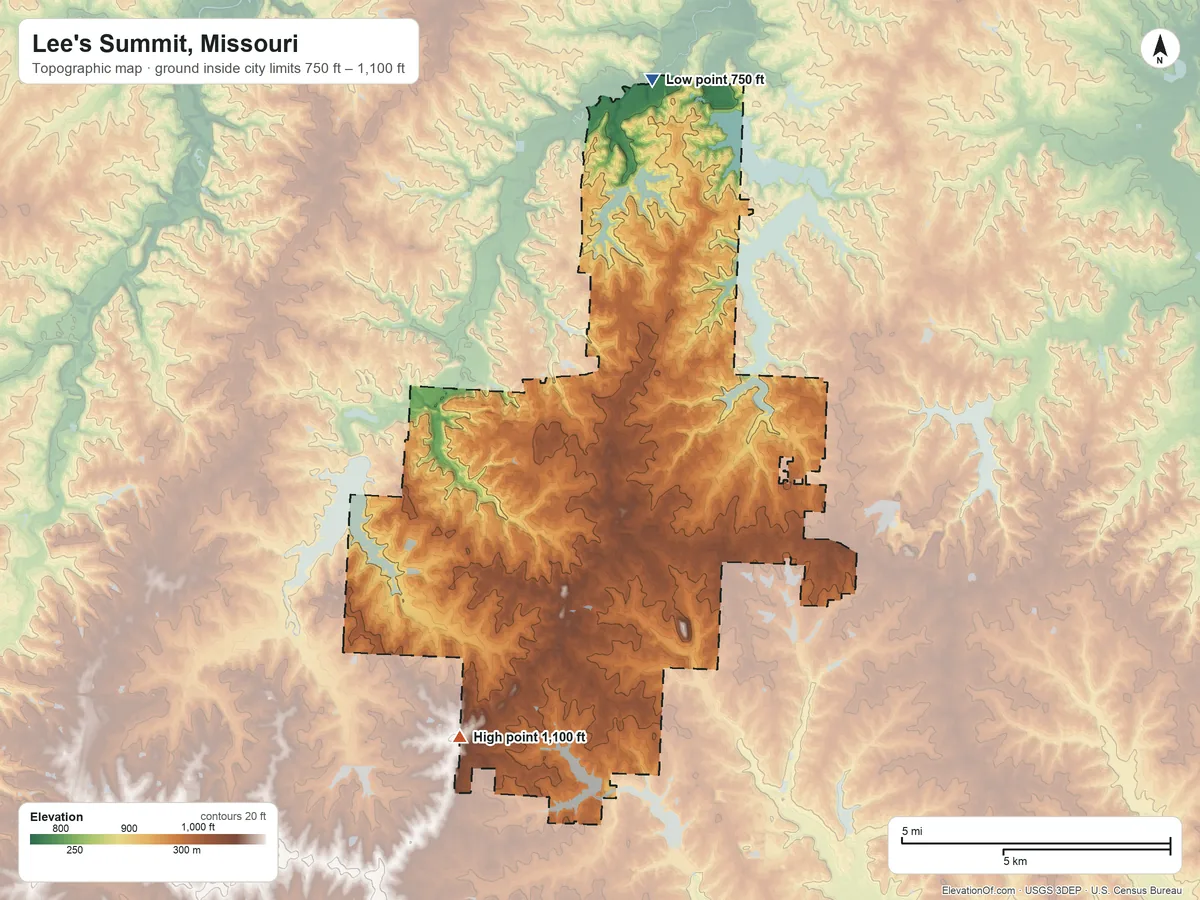 Topographic elevation map of Lee's Summit, Missouri, shaded from 750 ft on the north side to 1,100 ft on the southwest side