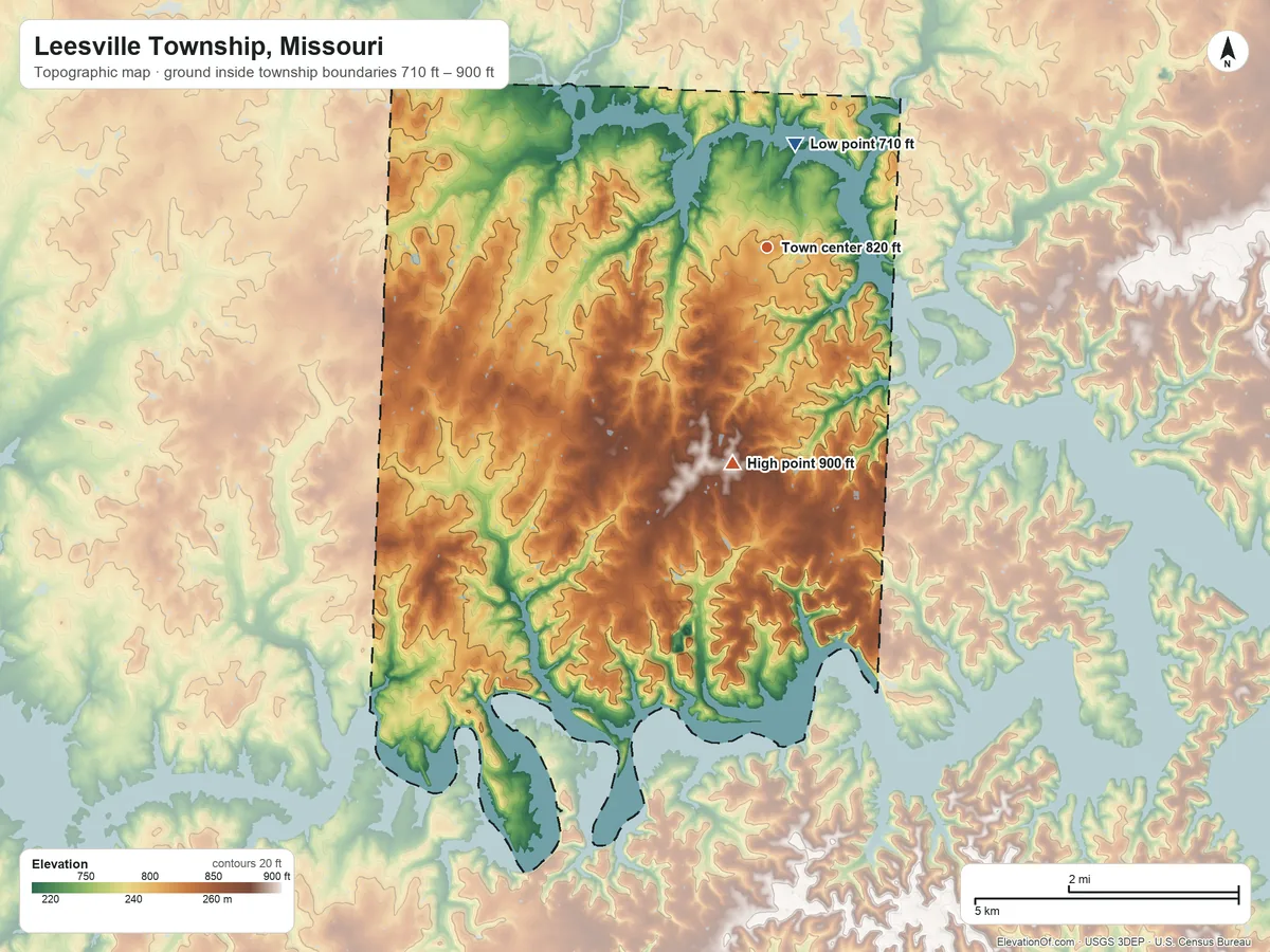 Topographic elevation map of Leesville Township, Missouri, shaded from 710 ft on the north side to 900 ft on the south side