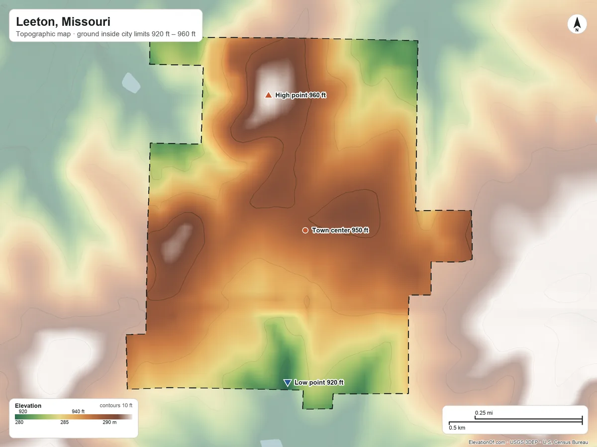 Topographic elevation map of Leeton, Missouri, shaded from 920 ft on the south side to 960 ft on the north side