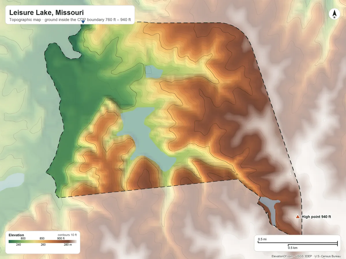 Topographic elevation map of Leisure Lake, Missouri, shaded from 760 ft on the northwest side to 940 ft on the southeast side