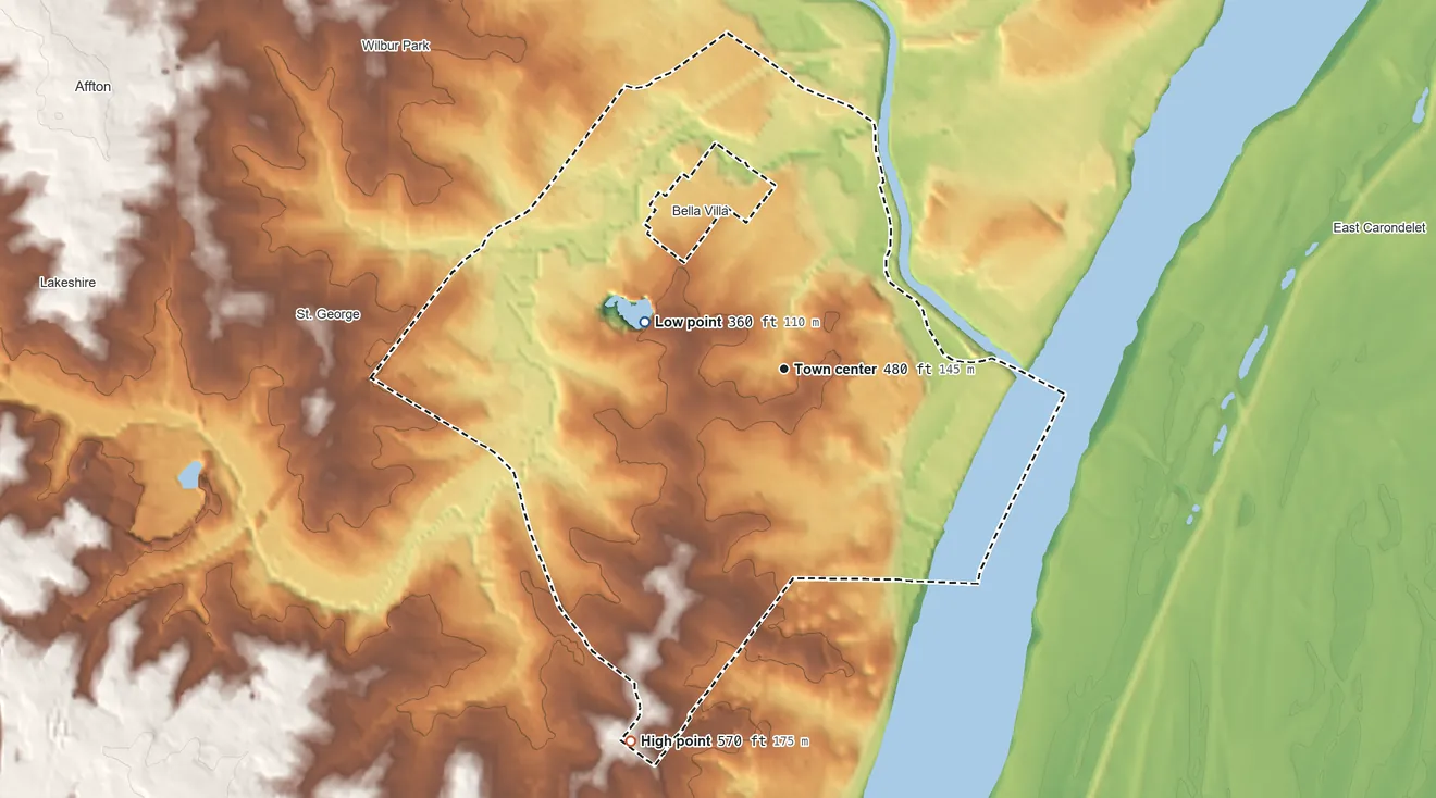 Topographic elevation map of Lemay, Missouri, shaded from 360 ft on the west side to 570 ft on the south side