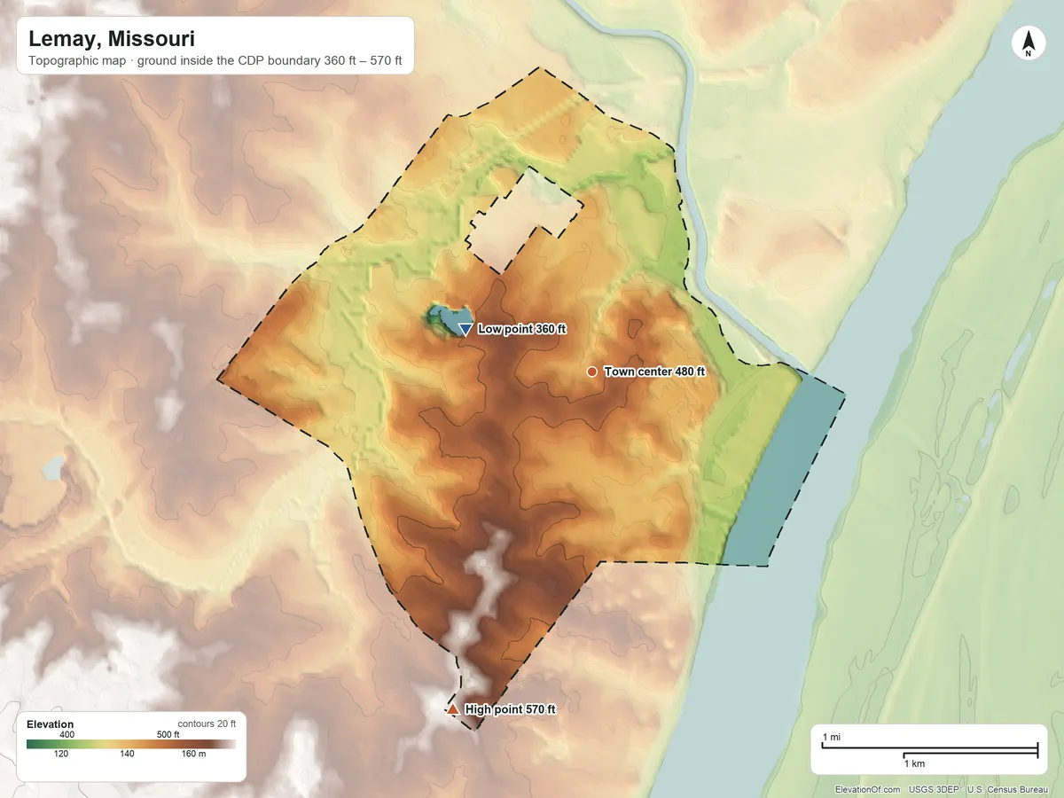 Topographic elevation map of Lemay, Missouri, shaded from 360 ft on the west side to 570 ft on the south side