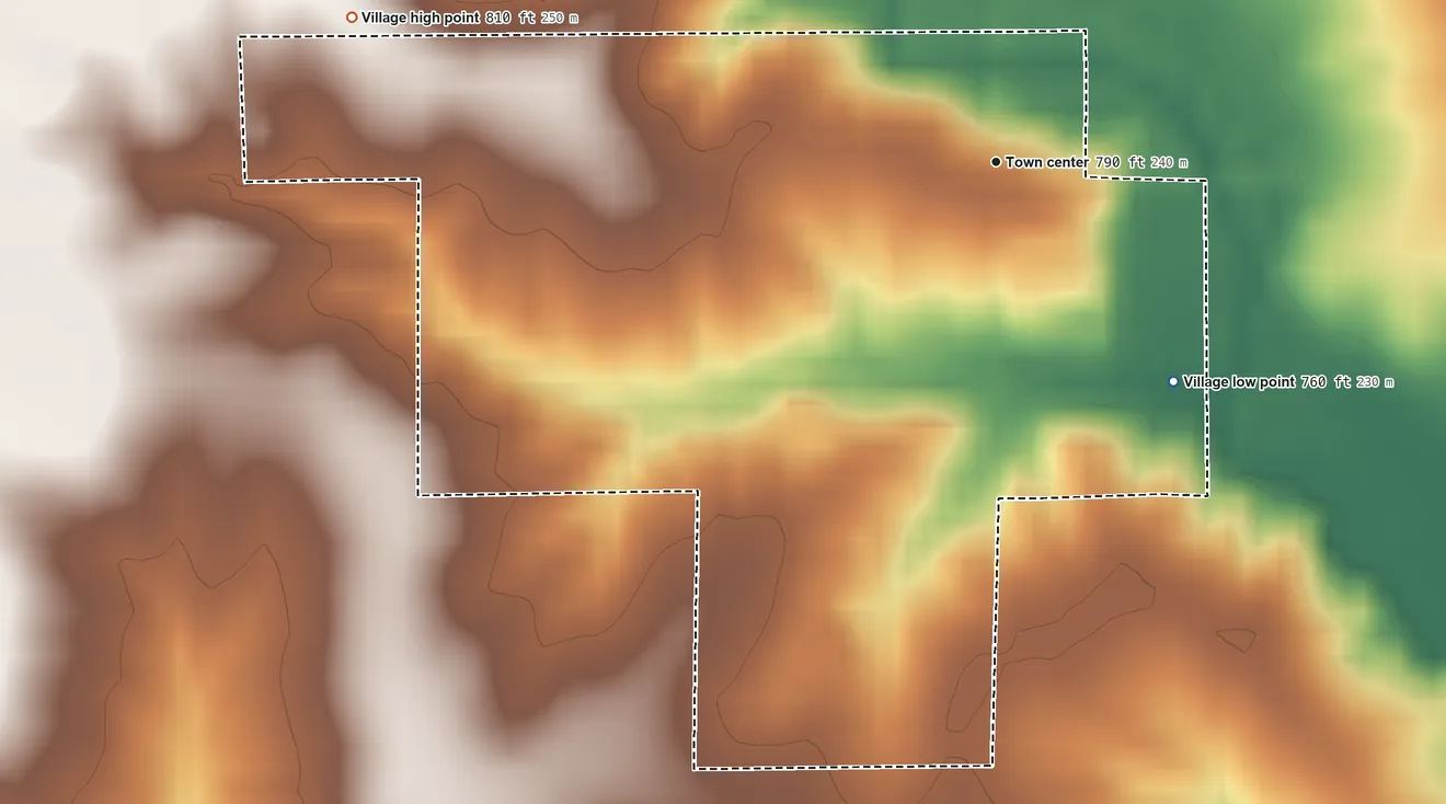 Topographic elevation map of Leonard, Missouri, shaded from 760 ft on the southeast side to 810 ft on the west side