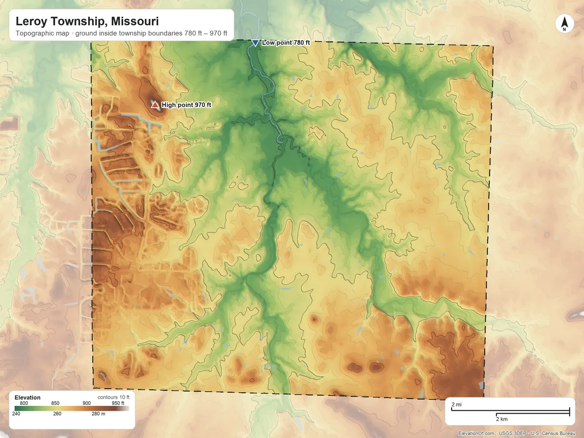 Topographic elevation map of Leroy Township, Missouri, shaded from 780 ft on the north side to 970 ft on Blue Mound