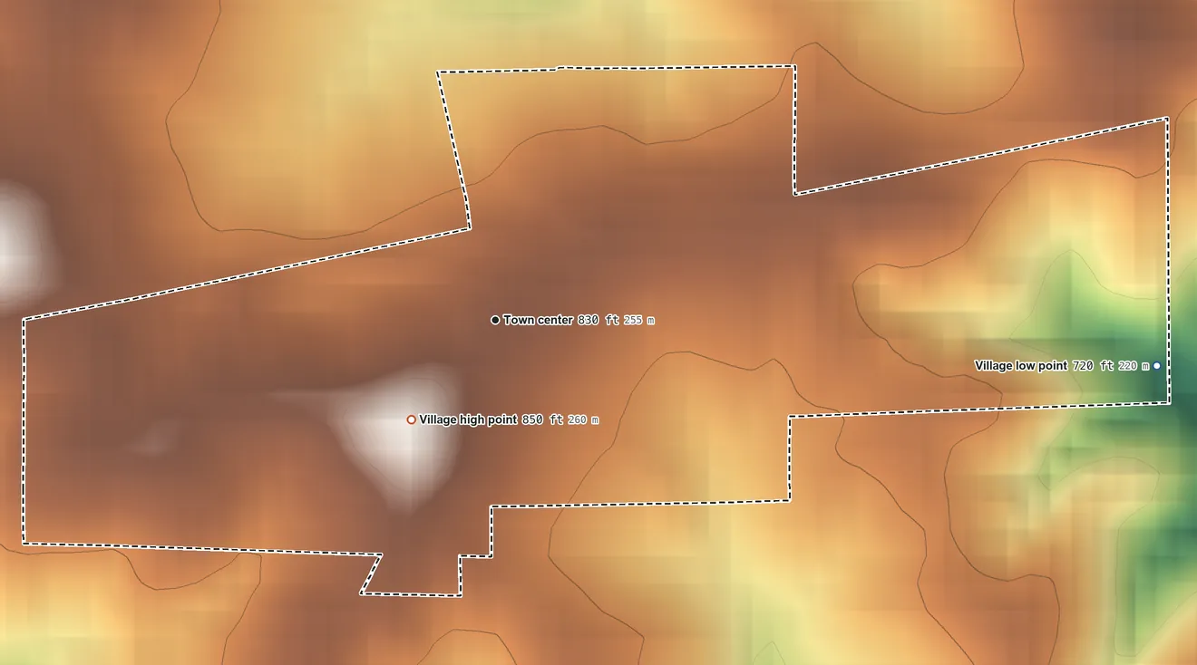 Topographic elevation map of Leslie, Missouri, shaded from 720 ft on the east side to 850 ft on the southwest side