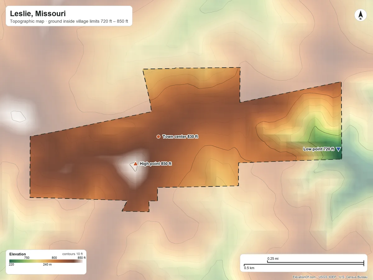Topographic elevation map of Leslie, Missouri, shaded from 720 ft on the east side to 850 ft on the southwest side