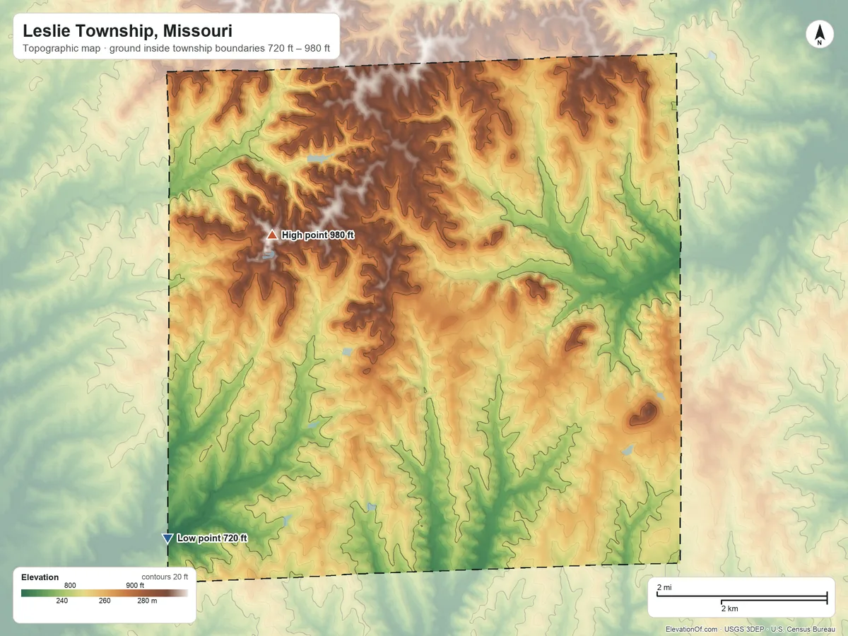 Topographic elevation map of Leslie Township, Missouri, shaded from 720 ft on the southwest side to 980 ft on the northwest side