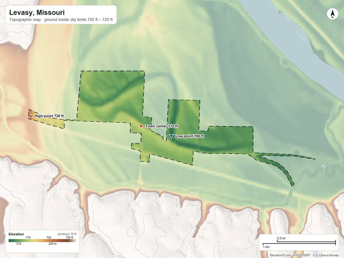 Topographic elevation map of Levasy, Missouri, shaded from 700 ft on the east side to 720 ft on the west side