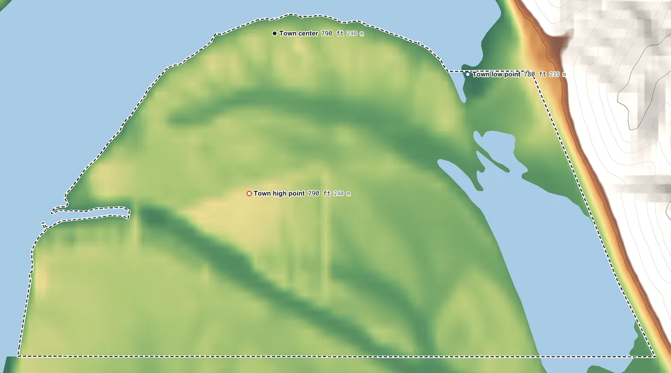 Topographic elevation map of Lewis and Clark Village, Missouri, shaded from 780 ft on the east side to 790 ft on the south side