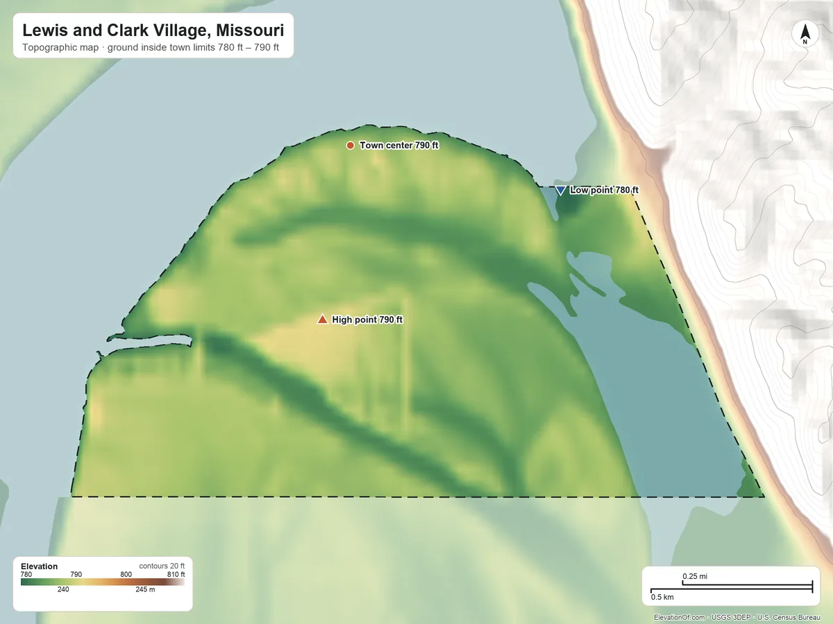 Topographic elevation map of Lewis and Clark Village, Missouri, shaded from 780 ft on the east side to 790 ft on the south side