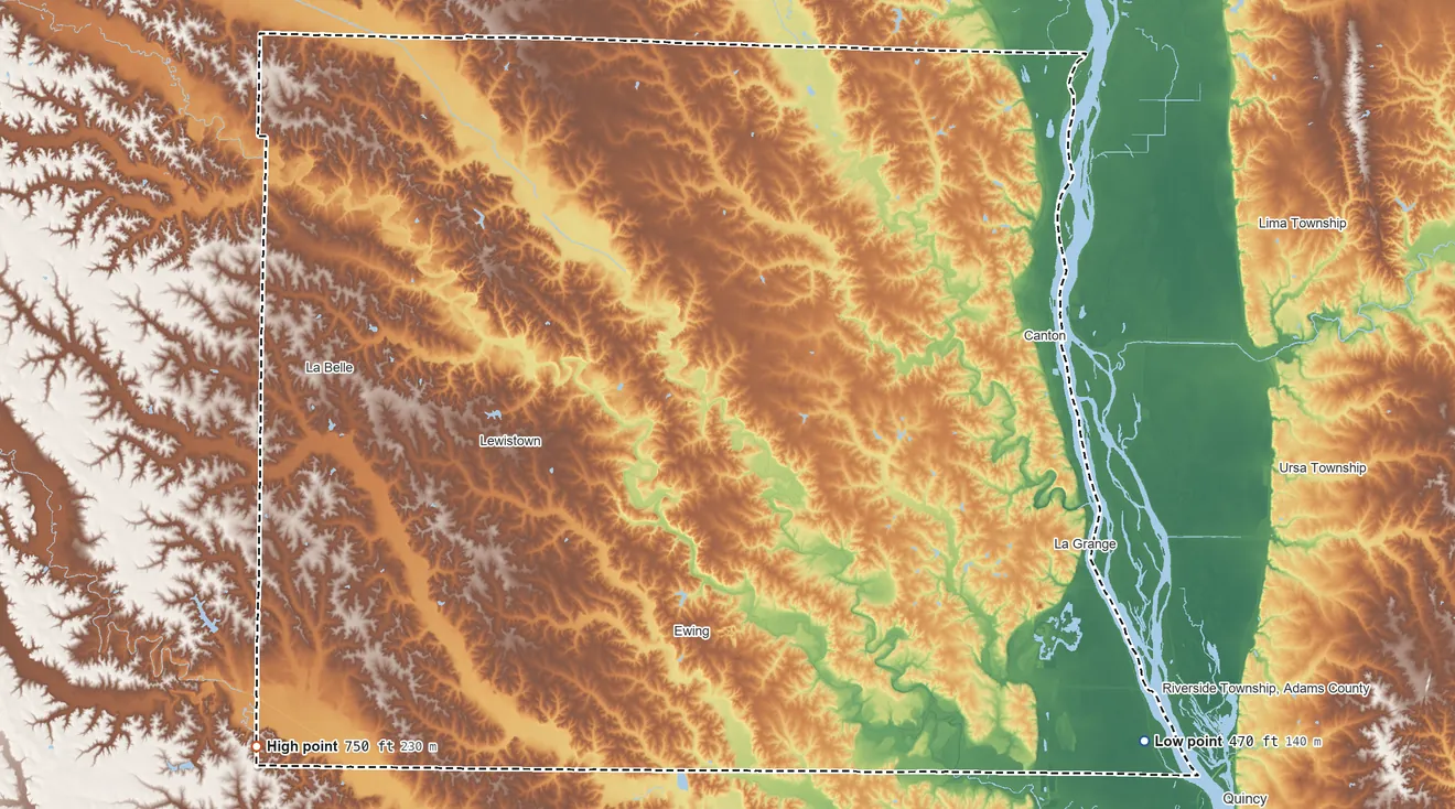 Topographic elevation map of Lewis County, Missouri, shaded from 470 ft on the southeast side to 750 ft on the southwest side