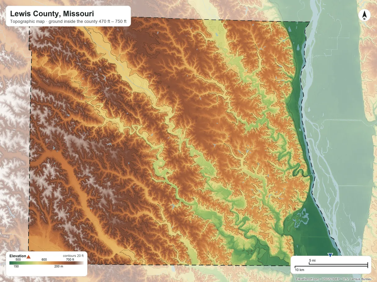 Topographic elevation map of Lewis County, Missouri, shaded from 470 ft on the southeast side to 750 ft on the southwest side