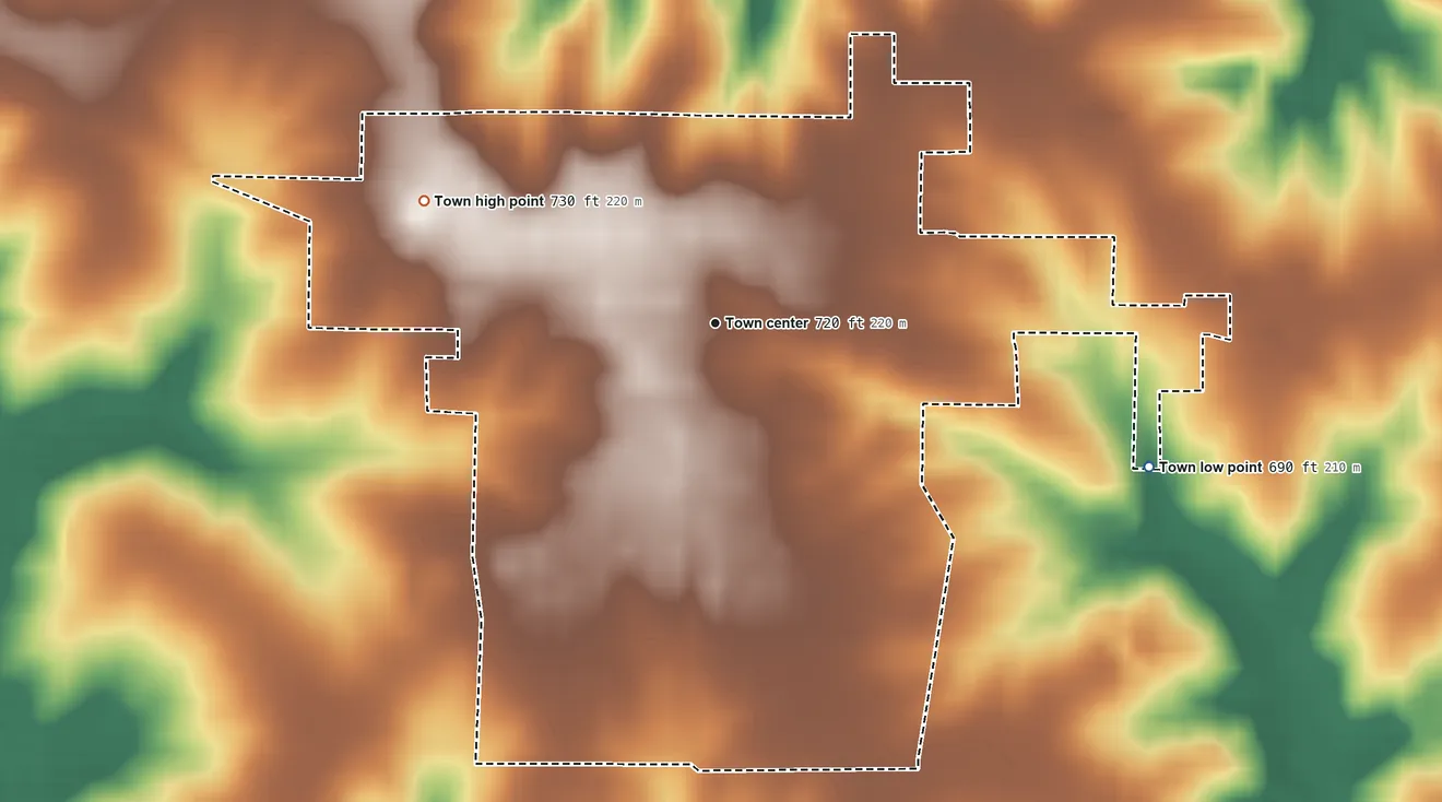 Topographic elevation map of Lewistown, Missouri, shaded from 690 ft on the east side to 730 ft on the northwest side