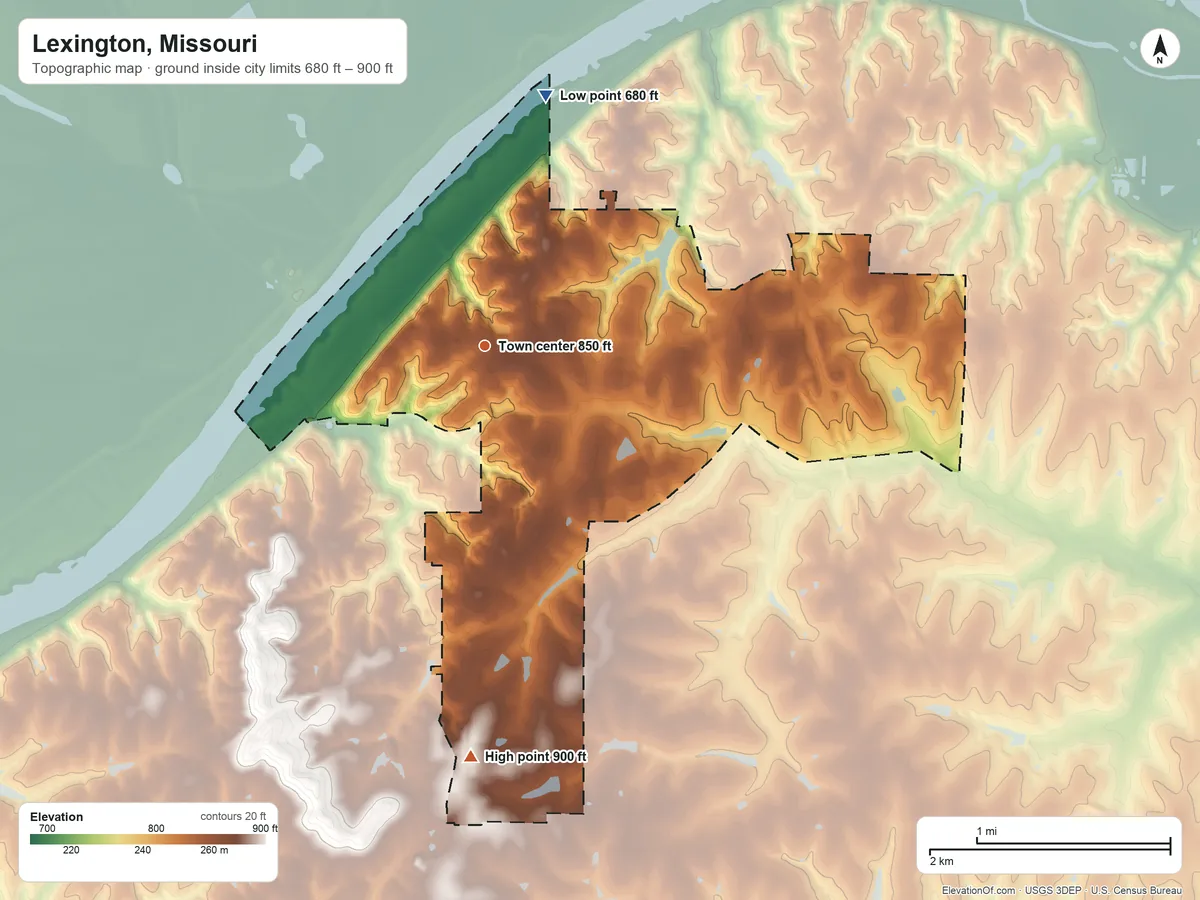Topographic elevation map of Lexington, Missouri, shaded from 680 ft on the north side to 900 ft on the south side