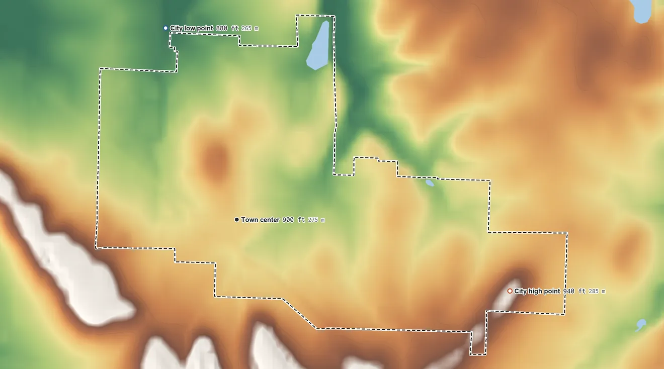 Topographic elevation map of Liberal, Missouri, shaded from 880 ft on the north side to 940 ft on the east side