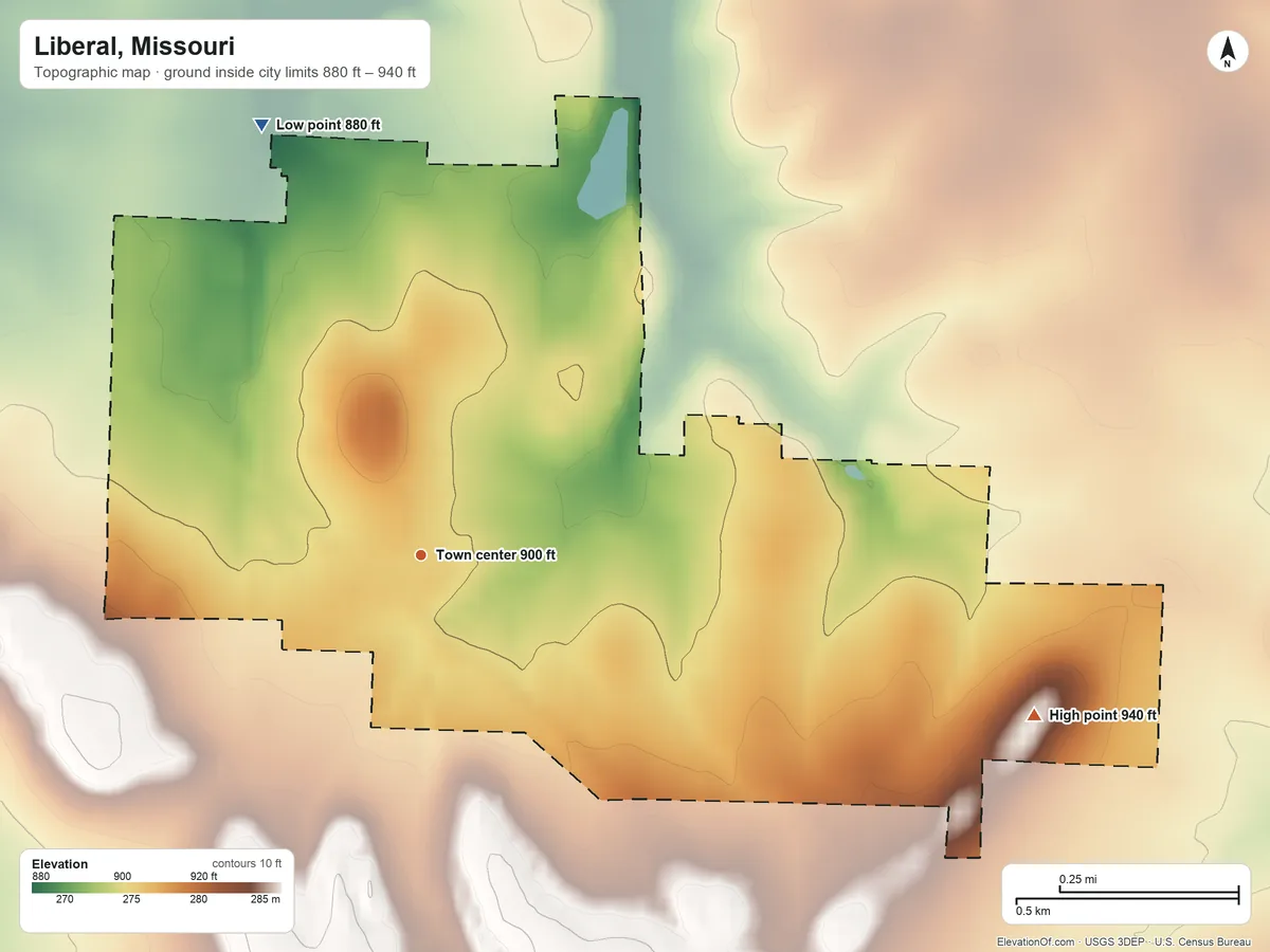 Topographic elevation map of Liberal, Missouri, shaded from 880 ft on the north side to 940 ft on the east side