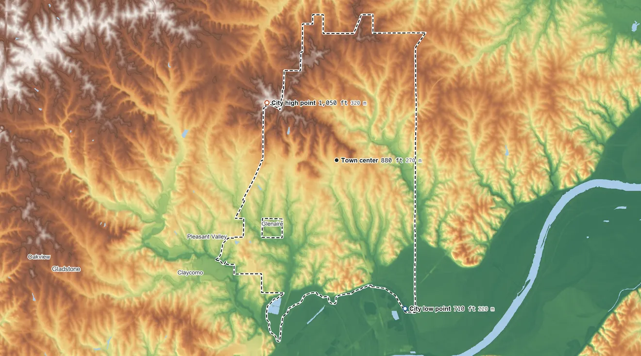 Topographic elevation map of Liberty, Missouri, shaded from 710 ft on the southeast side to 1,050 ft on the northwest side