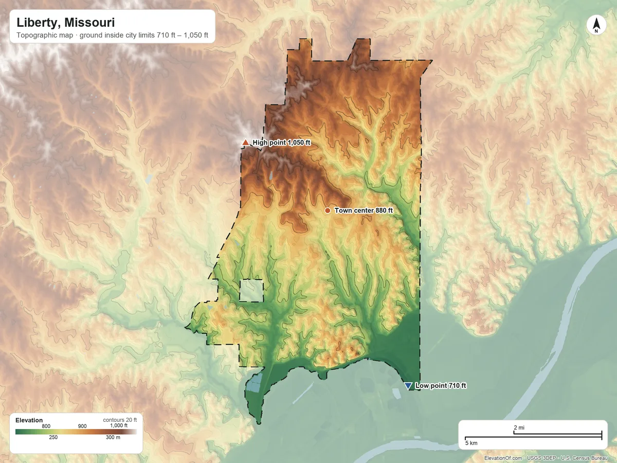 Topographic elevation map of Liberty, Missouri, shaded from 710 ft on the southeast side to 1,050 ft on the northwest side