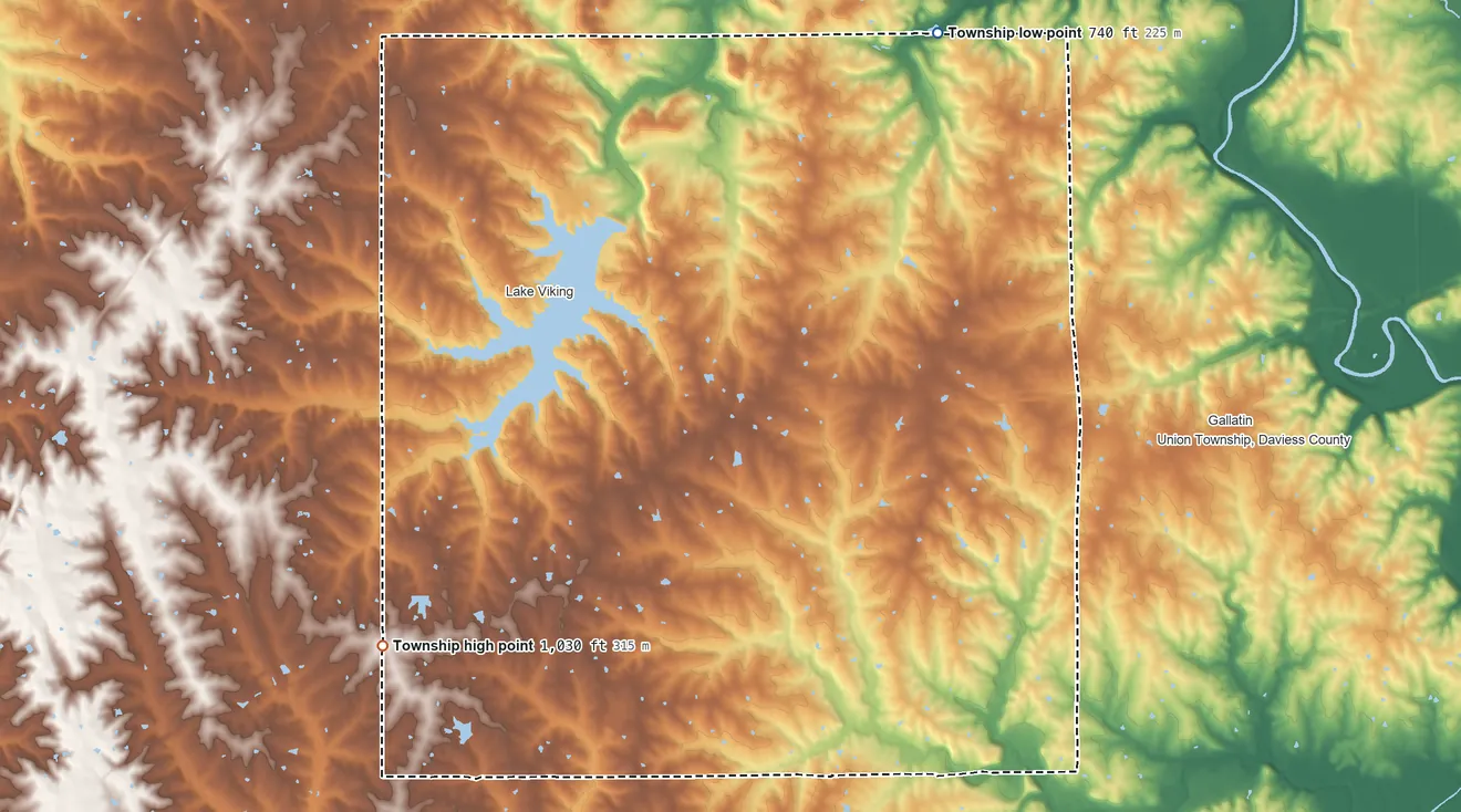 Topographic elevation map of Liberty Township, Daviess County, Missouri, shaded from 740 ft on the northeast side to 1,030 ft on the southwest side
