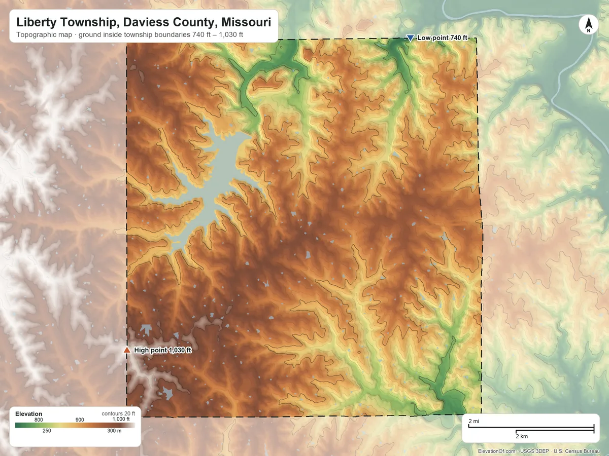 Topographic elevation map of Liberty Township, Daviess County, Missouri, shaded from 740 ft on the northeast side to 1,030 ft on the southwest side