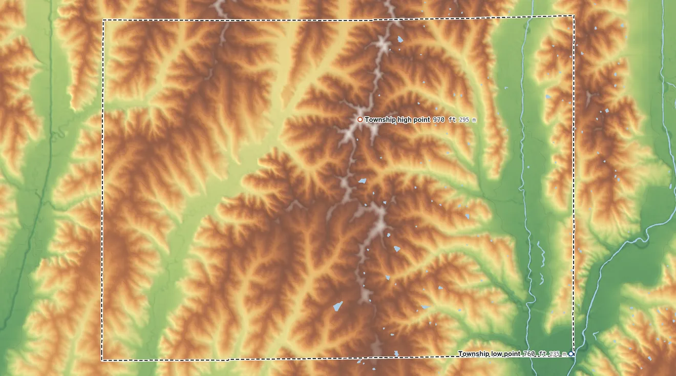 Topographic elevation map of Liberty Township, Grundy County, Missouri, shaded from 760 ft on the southeast side to 970 ft on the northwest side