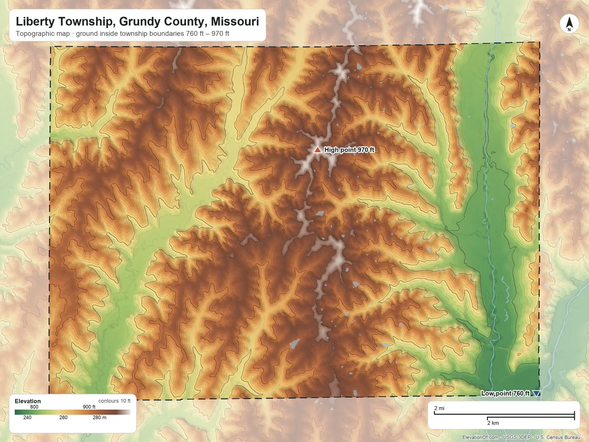 Topographic elevation map of Liberty Township, Grundy County, Missouri, shaded from 760 ft on the southeast side to 970 ft on the northwest side