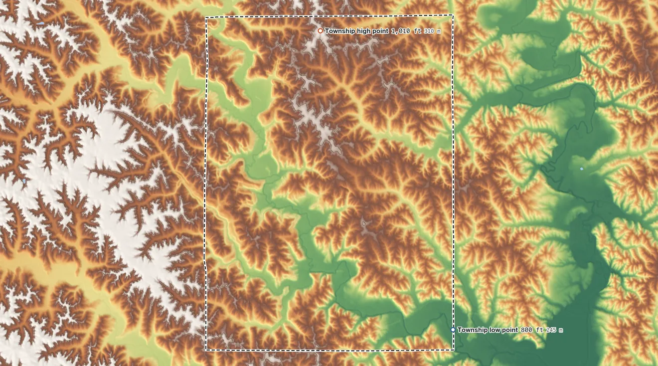 Topographic elevation map of Liberty Township, Putnam County, Missouri, shaded from 800 ft on the southeast side to 1,010 ft on the north side