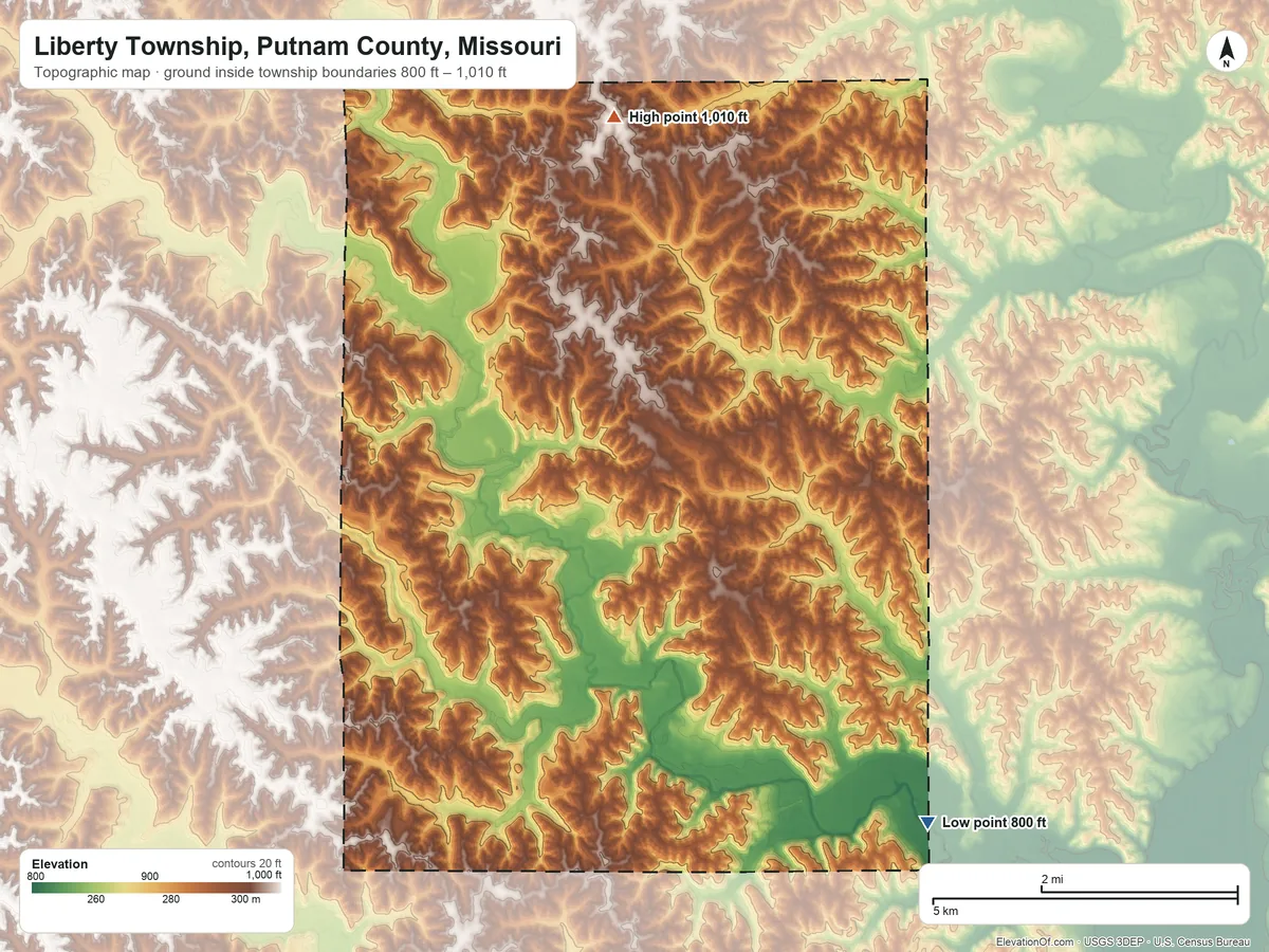 Topographic elevation map of Liberty Township, Putnam County, Missouri, shaded from 800 ft on the southeast side to 1,010 ft on the north side