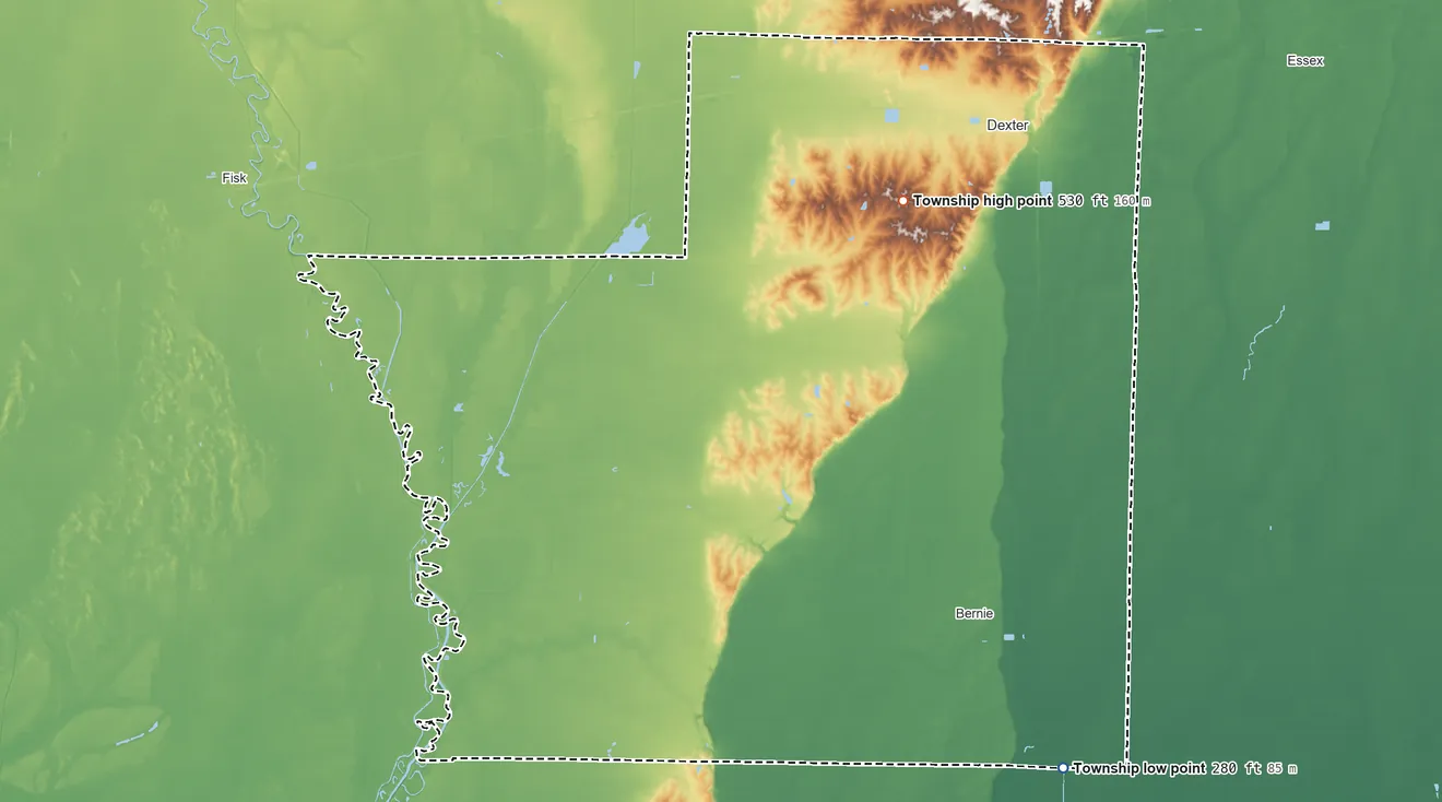 Topographic elevation map of Liberty Township, Missouri, shaded from 280 ft on the south side to 530 ft near the middle
