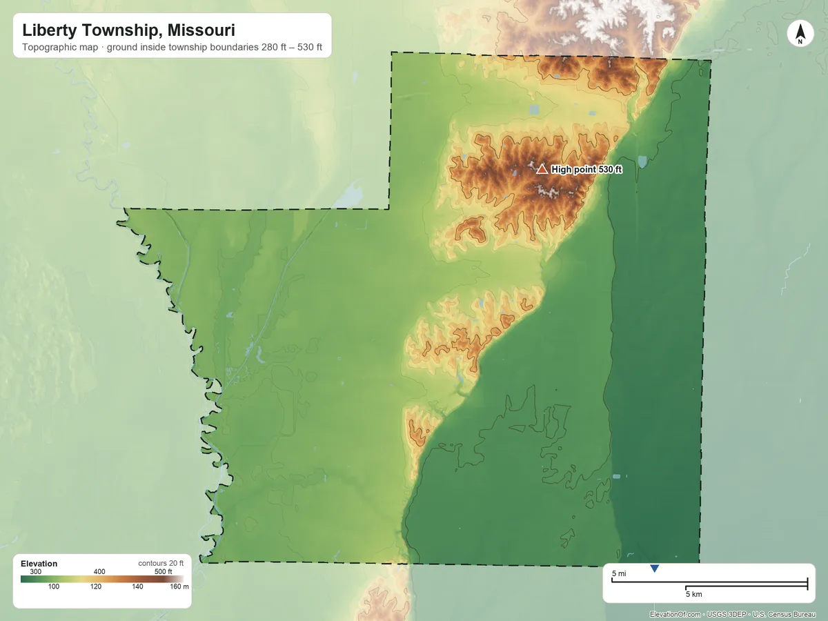 Topographic elevation map of Liberty Township, Missouri, shaded from 280 ft on the south side to 530 ft near the middle
