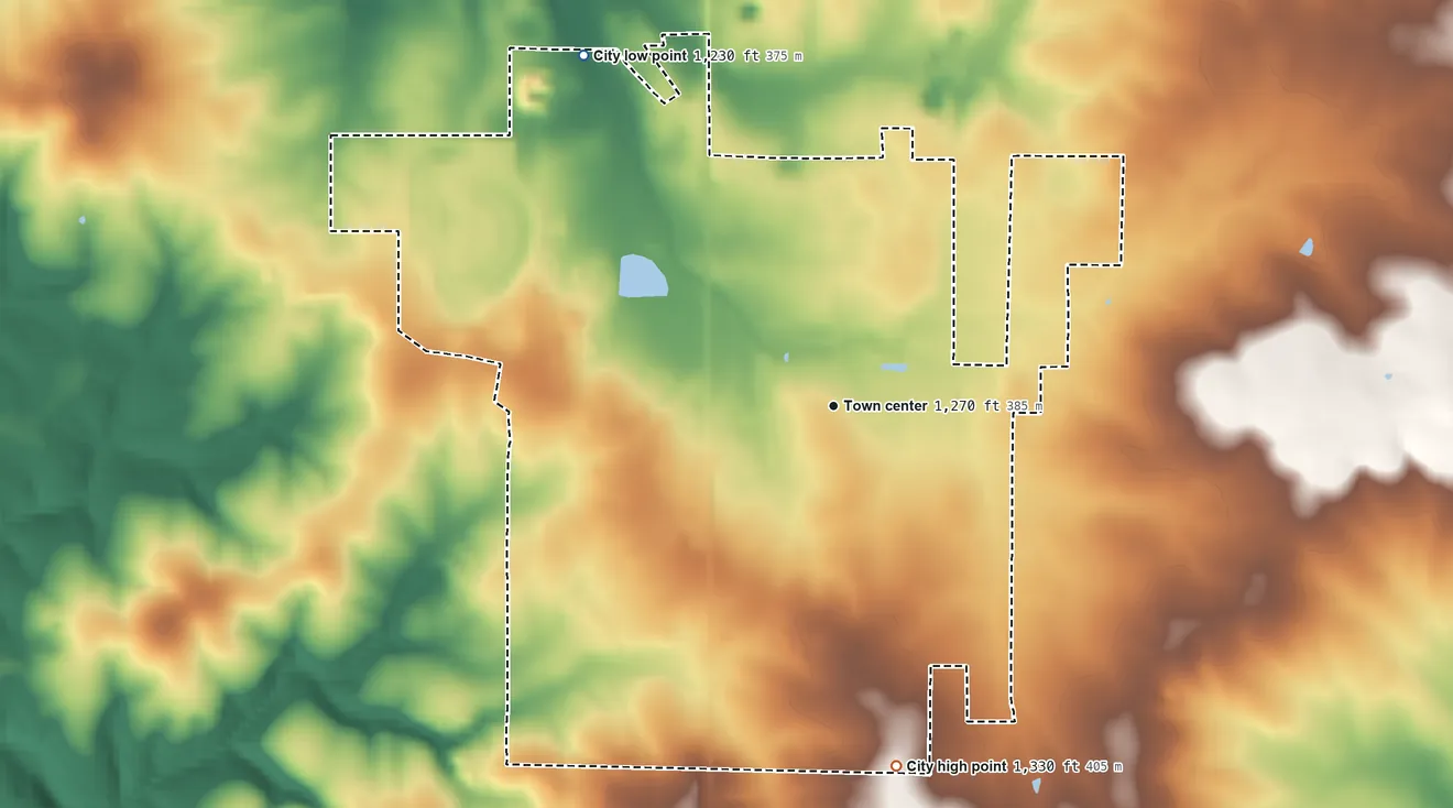 Topographic elevation map of Licking, Missouri, shaded from 1,230 ft on the northwest side to 1,330 ft on the south side