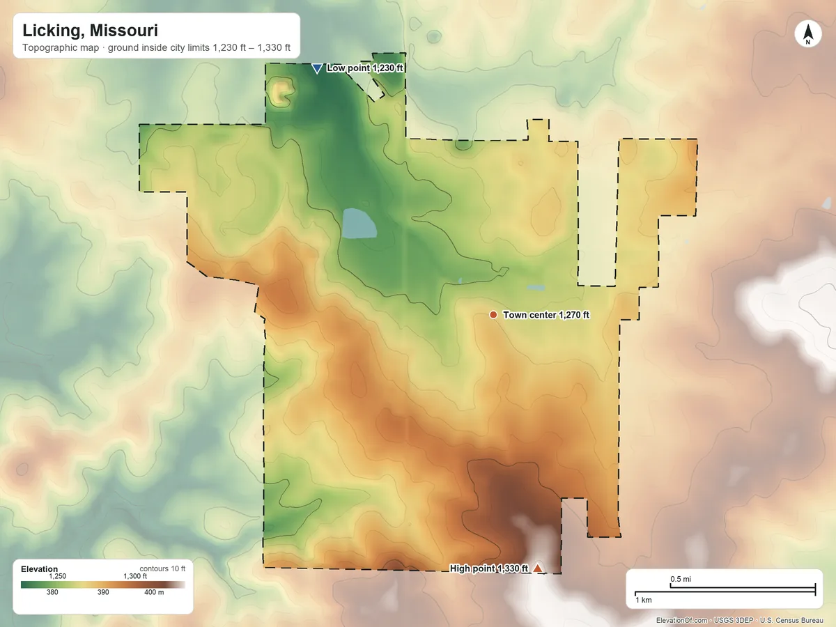 Topographic elevation map of Licking, Missouri, shaded from 1,230 ft on the northwest side to 1,330 ft on the south side