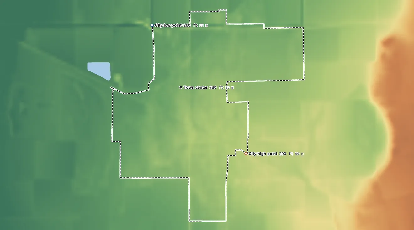 Topographic elevation map of Lilbourn, Missouri, shaded from 280 ft on the northwest side to 290 ft on the southeast side