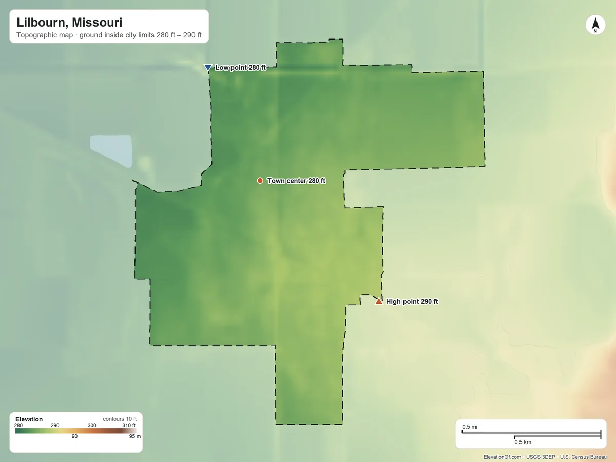 Topographic elevation map of Lilbourn, Missouri, shaded from 280 ft on the northwest side to 290 ft on the southeast side