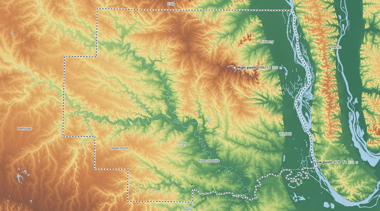 Topographic elevation map of Lincoln County, Missouri, shaded from 420 ft on the southeast side to 990 ft on the northeast side