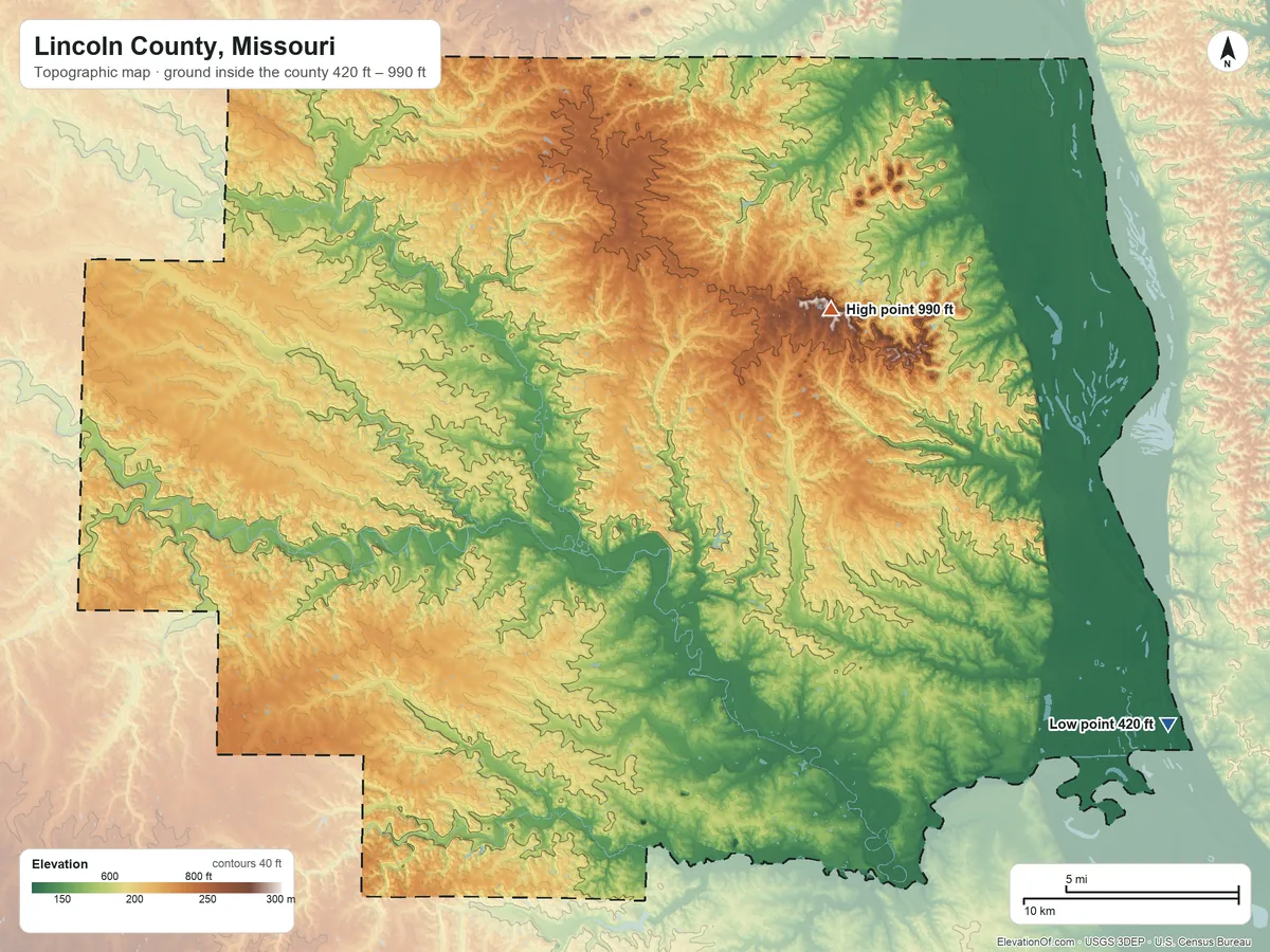 Topographic elevation map of Lincoln County, Missouri, shaded from 420 ft on the southeast side to 990 ft on the northeast side
