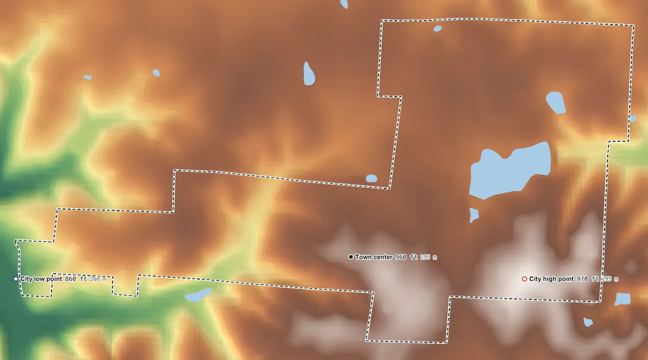 Topographic elevation map of Lincoln, Missouri, shaded from 860 ft on the west side to 970 ft on the east side