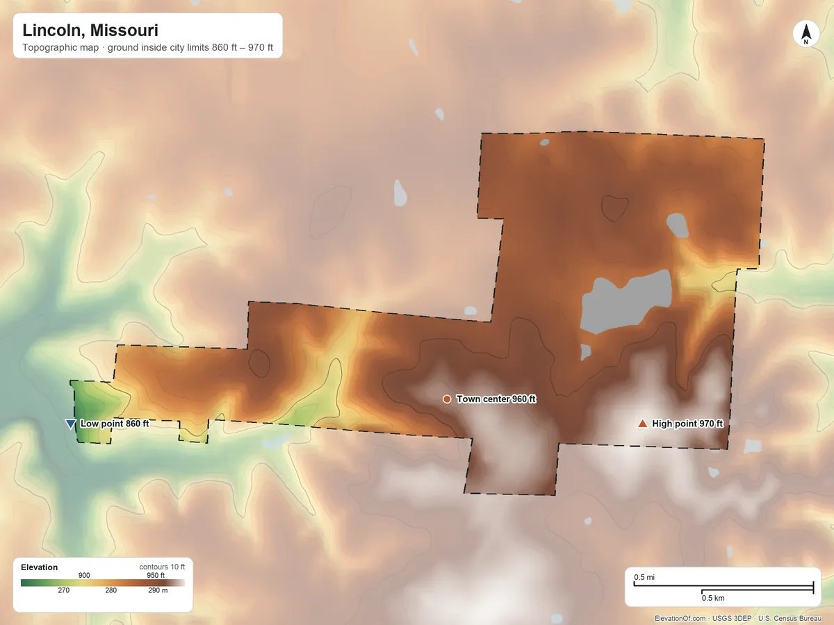 Topographic elevation map of Lincoln, Missouri, shaded from 860 ft on the west side to 970 ft on the east side