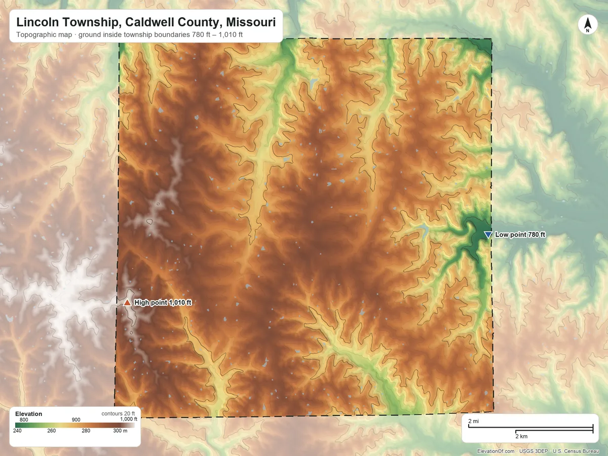 Topographic elevation map of Lincoln Township, Caldwell County, Missouri, shaded from 780 ft on the east side to 1,010 ft on the west side