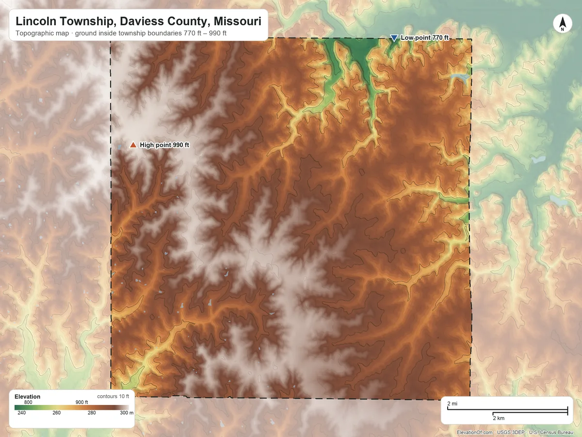 Topographic elevation map of Lincoln Township, Daviess County, Missouri, shaded from 770 ft on the northeast side to 990 ft on the northwest side
