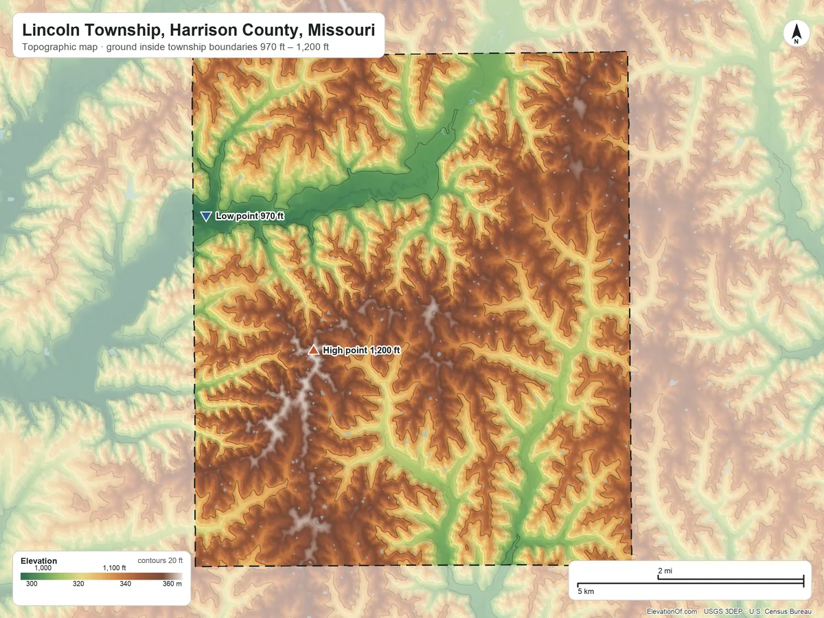 Topographic elevation map of Lincoln Township, Harrison County, Missouri, shaded from 970 ft on the west side to 1,200 ft on the southwest side