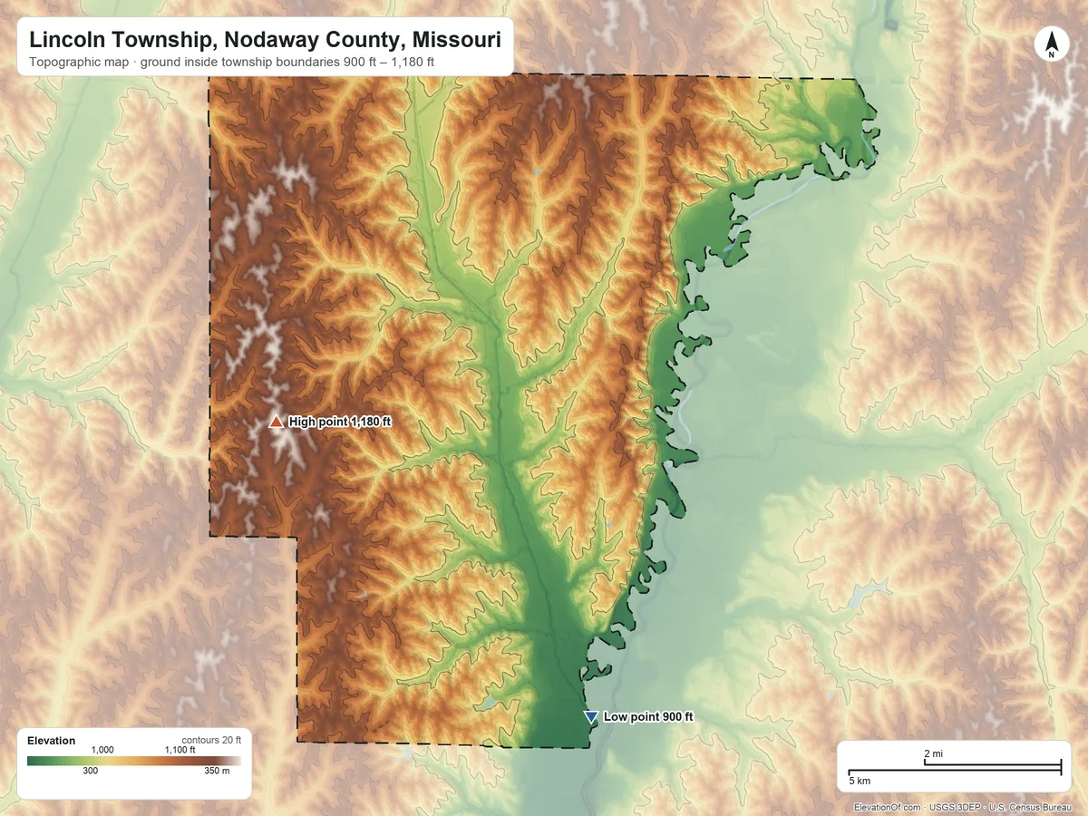 Topographic elevation map of Lincoln Township, Nodaway County, Missouri, shaded from 900 ft on the south side to 1,180 ft on the west side